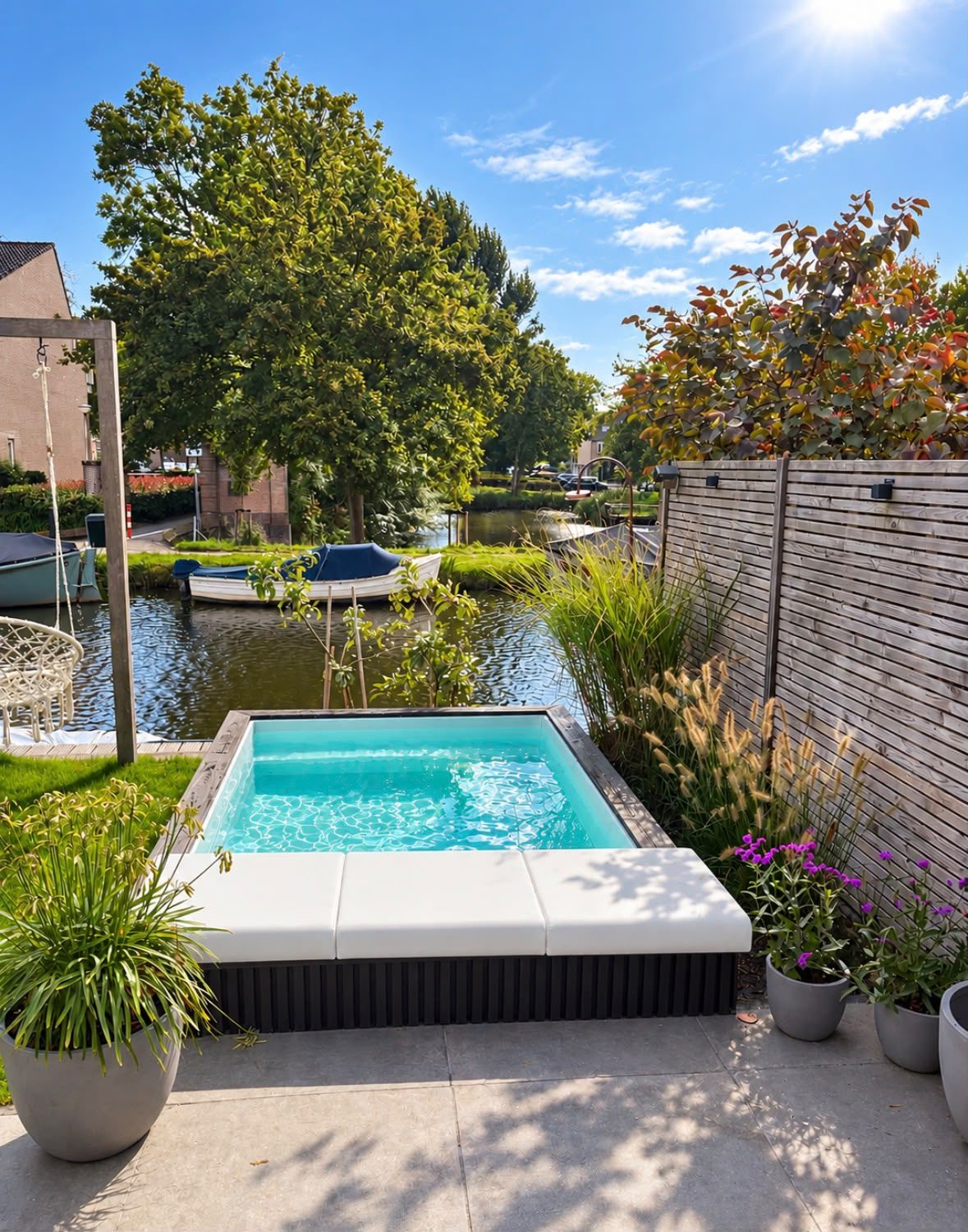 Minipool met lichte rand in een groene tuin aan het water in Zoeterwoude Rijndijk. · foto 2