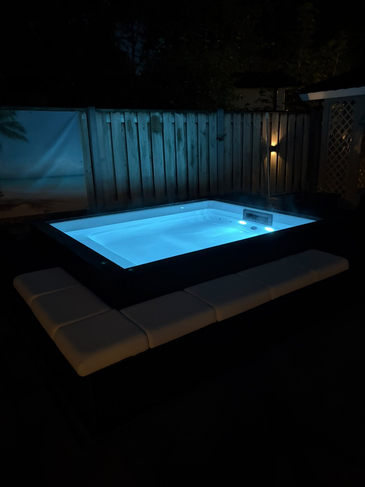 Minipool PRO in Biddinghuizen bij avond met lichtblauwe onderwaterverlichting.