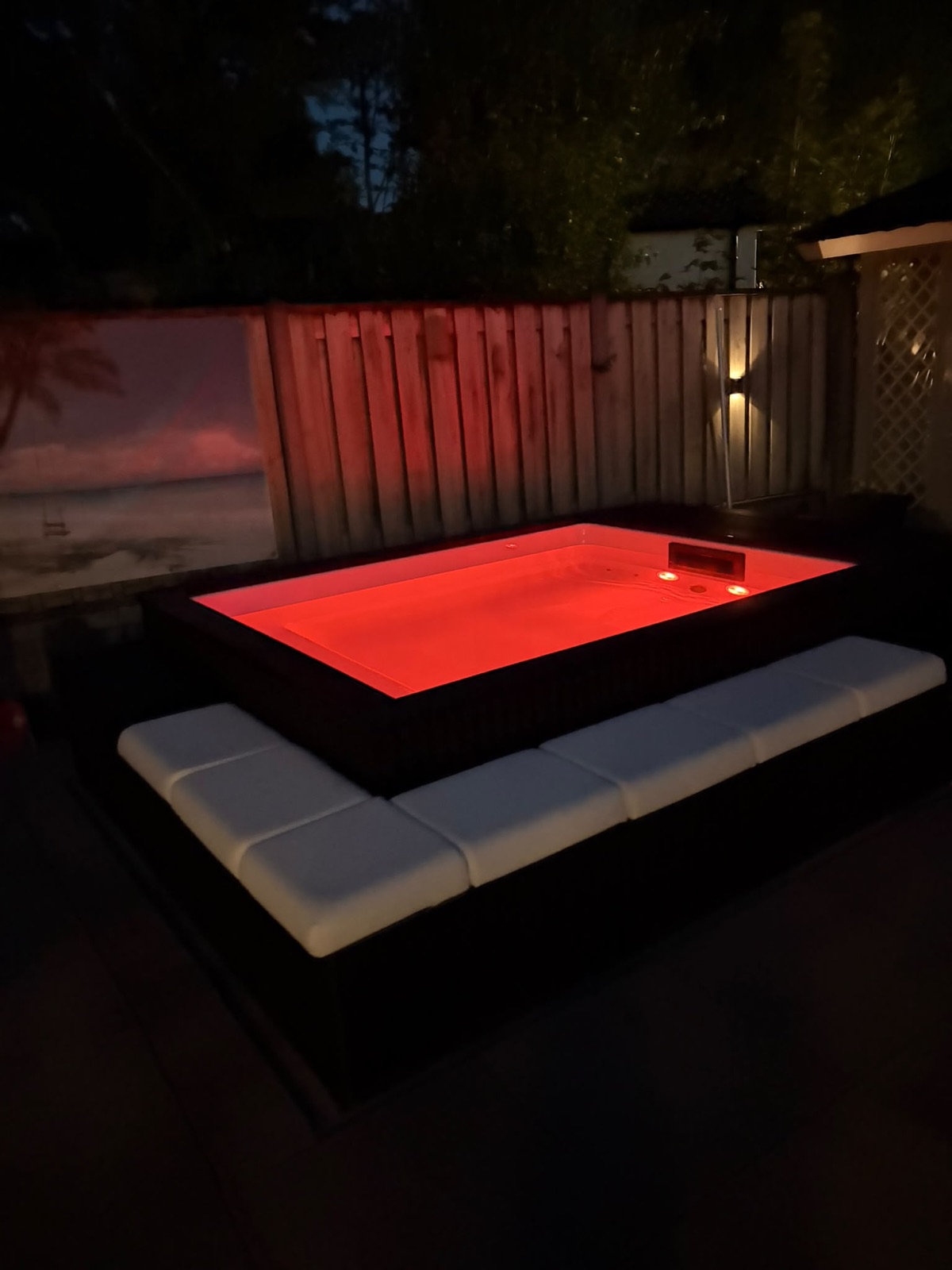 Minipool PRO in Biddinghuizen bij avond met rode onderwaterverlichting.